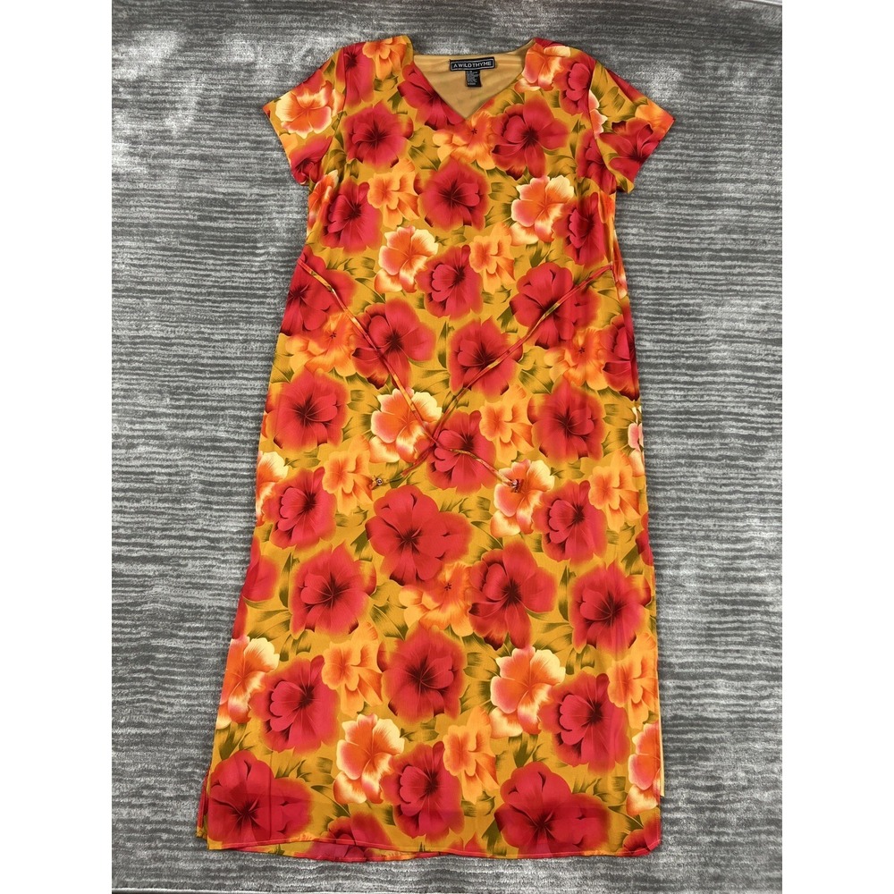 A Wild Thyme Maxi Dress Womens 18 Orange Floral Hibiscus V-Neck Short Sleeve Tie